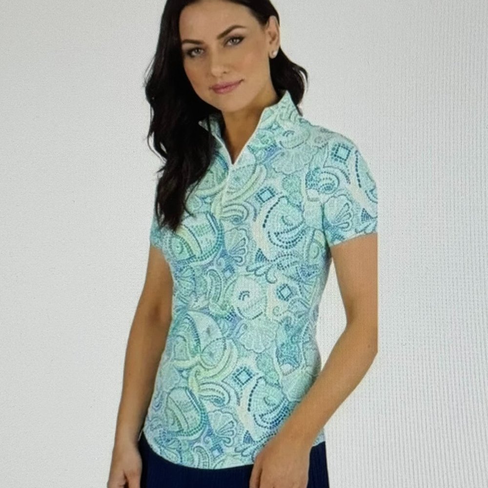 IBKUL Mariel Zip Mock Neck Shirt Blue Multi NWT Golf Short Sleeve New with Tags